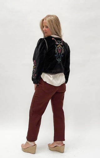 Black Floral Embroidered Bolero with Gold Trim - Wedges And Wide Legs Boutique