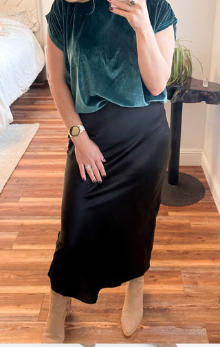 Black Satin Maxi Pull Up Skirt - Wedges And Wide Legs Boutique