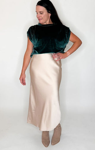 Champagne Satin Maxi Pull Up Skirt - Wedges And Wide Legs Boutique