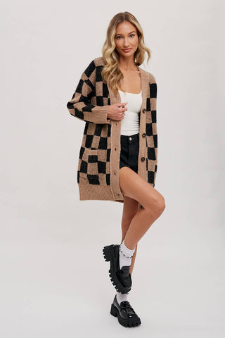 CHECKERED SWEATER CARDIGAN - Wedges And Wide Legs Boutique