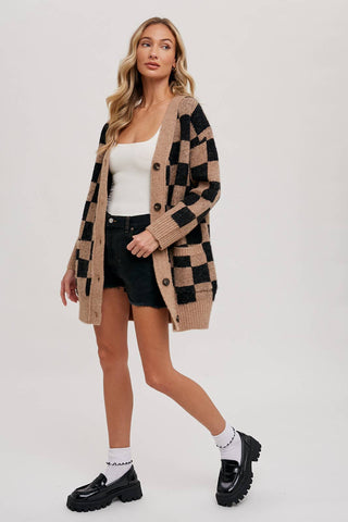 CHECKERED SWEATER CARDIGAN - Wedges And Wide Legs Boutique