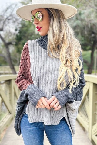 Color Block Dolman Sleeve Turtleneck Knit Sweater - Wedges And Wide Legs Boutique