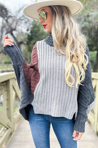 Color Block Dolman Sleeve Turtleneck Knit Sweater - Wedges And Wide Legs Boutique