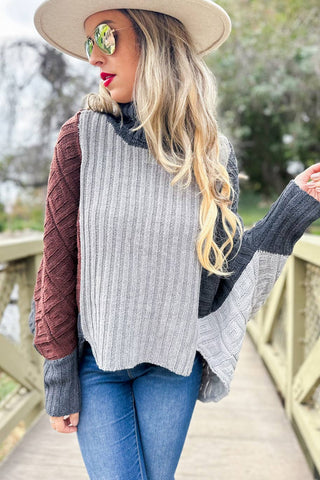 Color Block Dolman Sleeve Turtleneck Knit Sweater - Wedges And Wide Legs Boutique