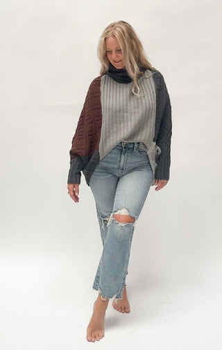 Color Block Dolman Sleeve Turtleneck Knit Sweater - Wedges And Wide Legs Boutique