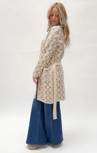 Diamond Jacquard Belted Cardigan - Wedges And Wide Legs Boutique