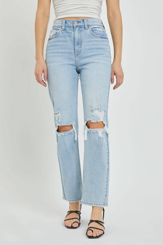 Distressed High Rise Straight Denim Jean - Wedges And Wide Legs Boutique