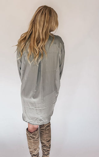 Satin Sage Shirt Dress - Wedges And Wide Legs Boutique