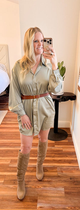 Satin Sage Shirt Dress - Wedges And Wide Legs Boutique