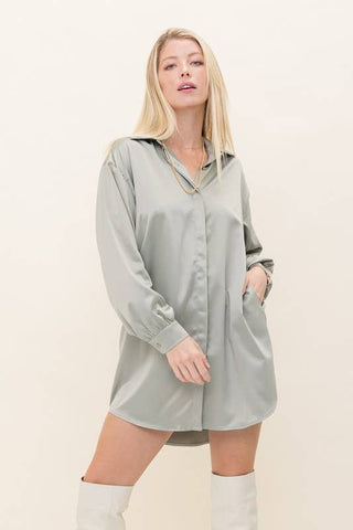 Satin Sage Shirt Dress - Wedges And Wide Legs Boutique