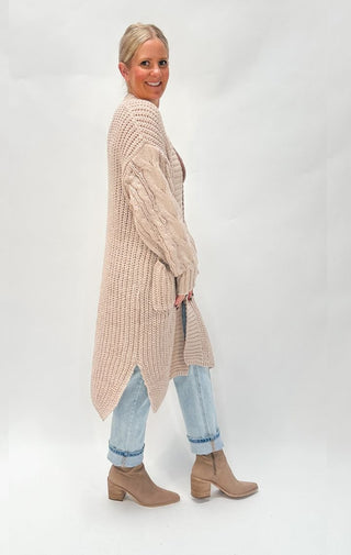 Solid Rib Knit Open Front Cable Knit Cardigan - Wedges And Wide Legs Boutique