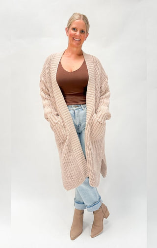 Solid Rib Knit Open Front Cable Knit Cardigan - Wedges And Wide Legs Boutique