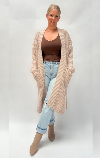 Solid Rib Knit Open Front Cable Knit Cardigan - Wedges And Wide Legs Boutique