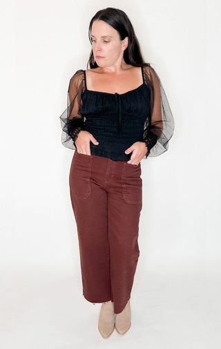 Square Neck Sheer Long Sleeve Smocked Top - Wedges And Wide Legs Boutique