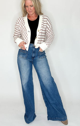 Stripe and Checker Mixed Crop Sweater Cardigan - Wedges And Wide Legs Boutique