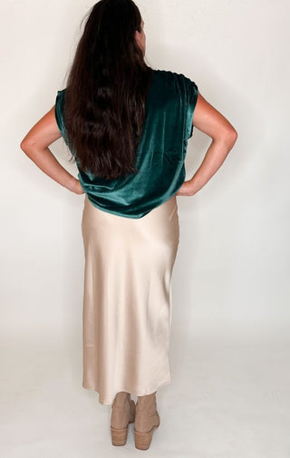 Velvet Ruched Shoulder Tee | Emerald - Wedges And Wide Legs Boutique