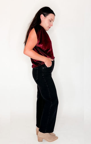 Velvet Ruched Shoulder Tee | Maroon - Wedges And Wide Legs Boutique